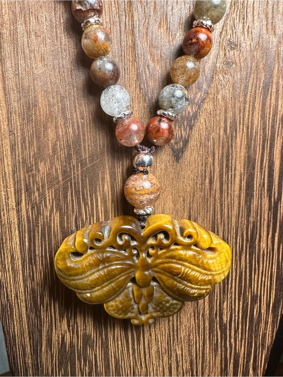 Jewelry - Tiger’s Eye Moth Pendant Necklace on Half Beaded Brown Adjustable Rope